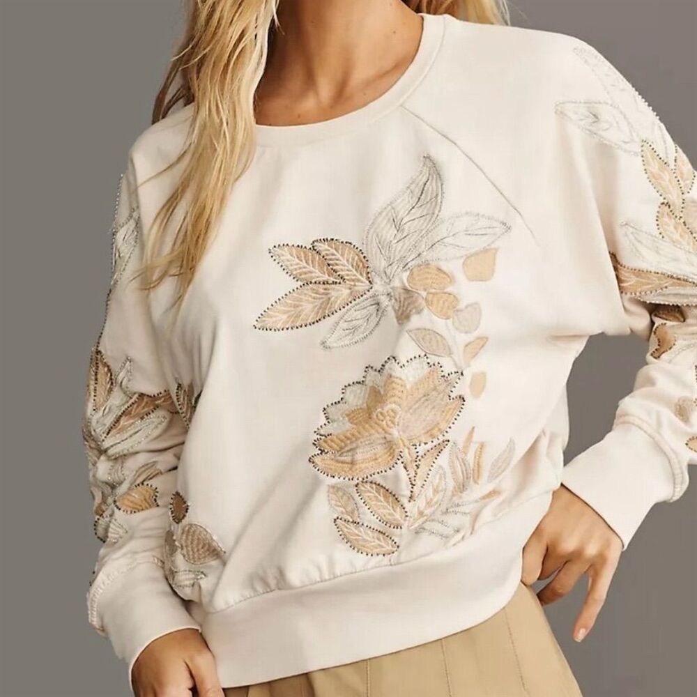 Anthropologie Beige Floral Embroidered Sweatshirt
